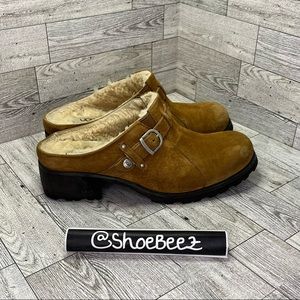 Ugg Australia Lila Suede Shearling Clog/Mule, Tan/Chestnut, Women's US 7.5